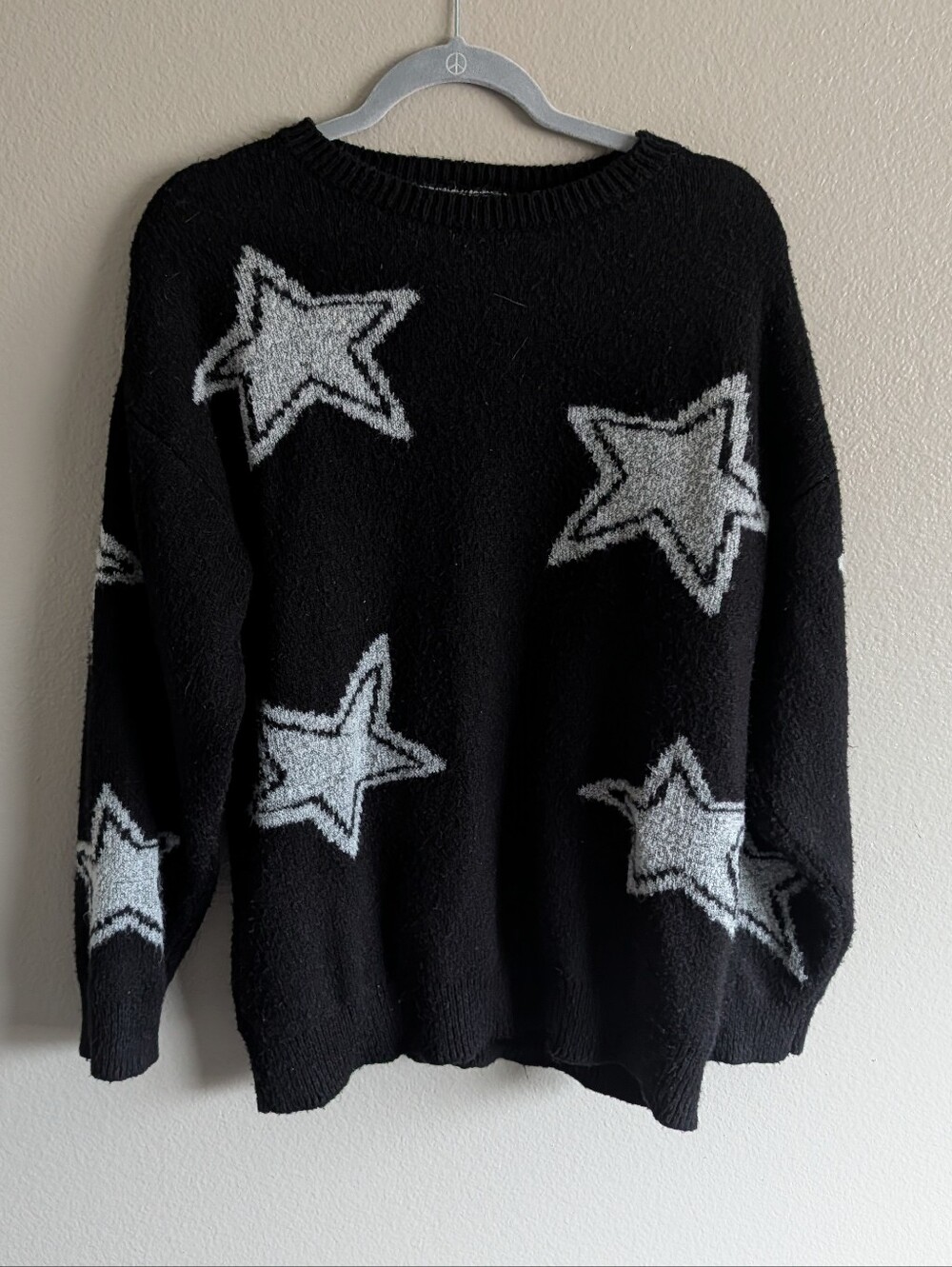Stitch and Pine Black Star Print Sweater Size M Grunge Y2K Oversized Wool Knit